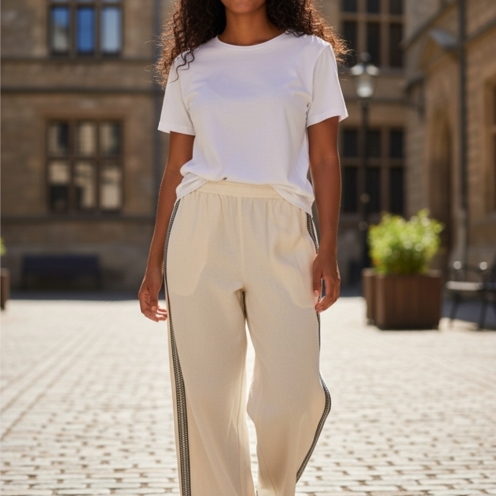 MAX STUDIO Border Print Linen Blend Pants In Ivory sz Large - Picture 9 of 9